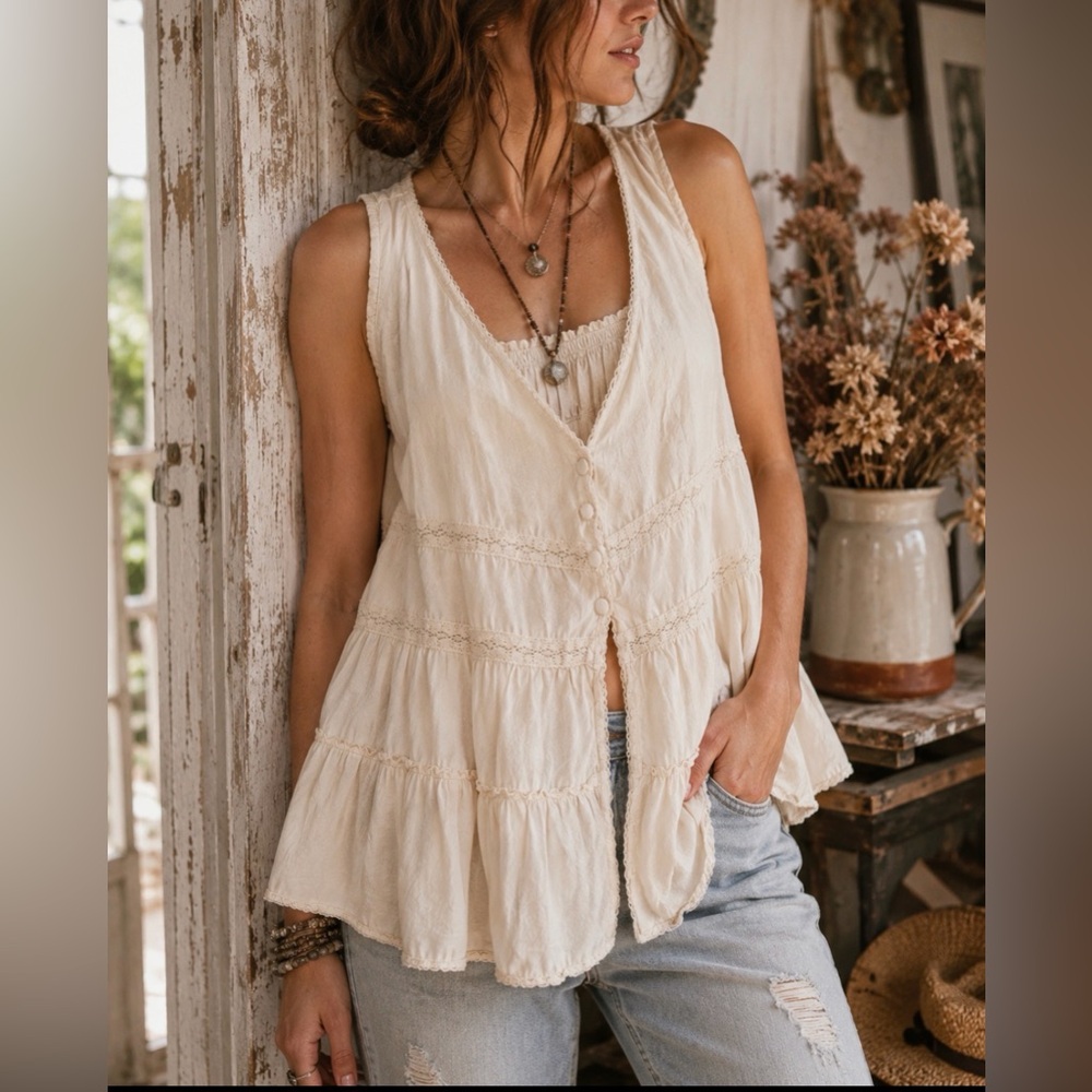 Vintage Decree Ivory Cotton M Tiered Ruffle Top Vest Cottagecore Festival Boho